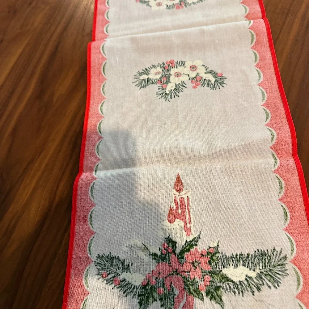 Scandinavian Xmas Table Runner Holiday Candle Floral Print Fabric Made In Brazil